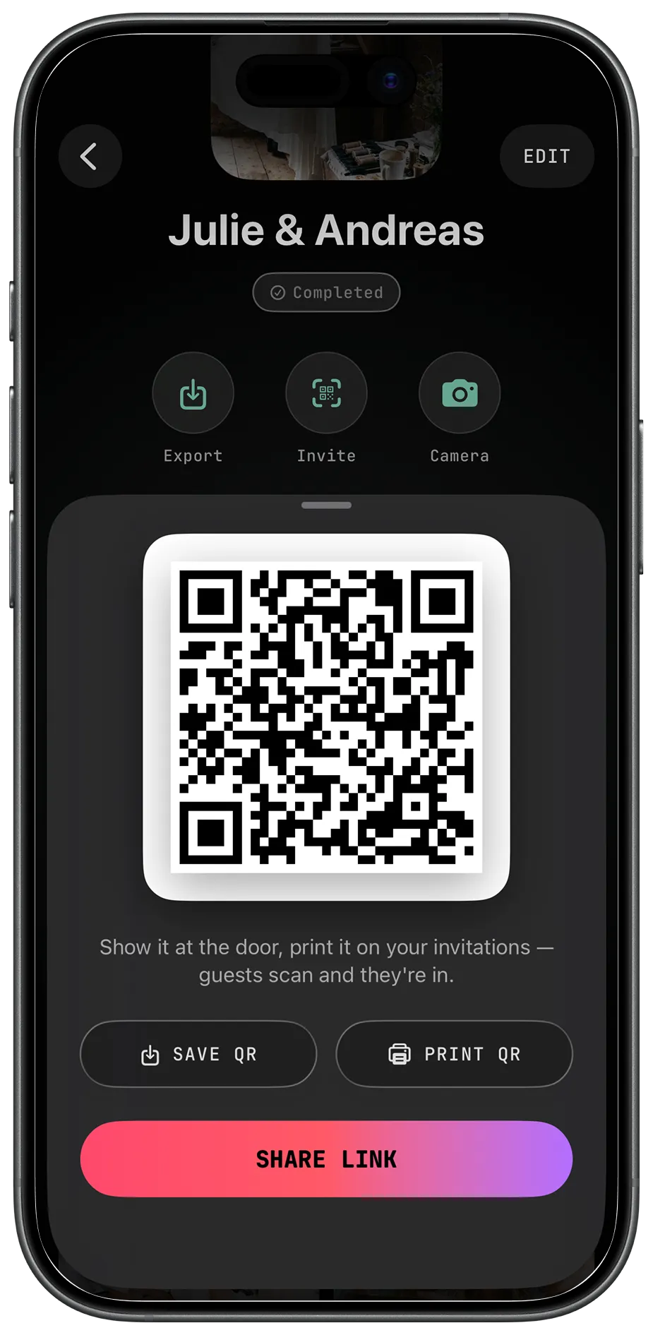 Disposa-eventets QR-kode-invitation — gæster scanner og joiner uden app-download
